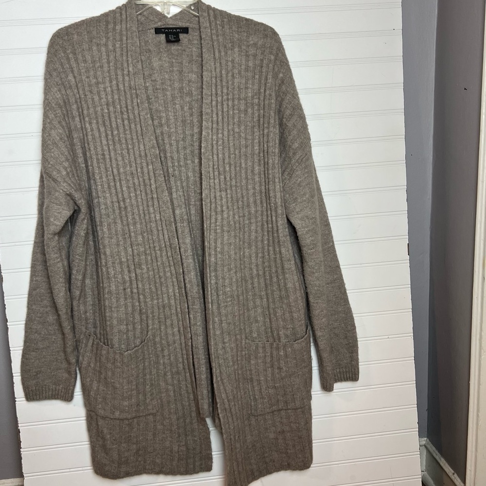 Tahari Taupe Open Front Long Cardigan Duster Size XL